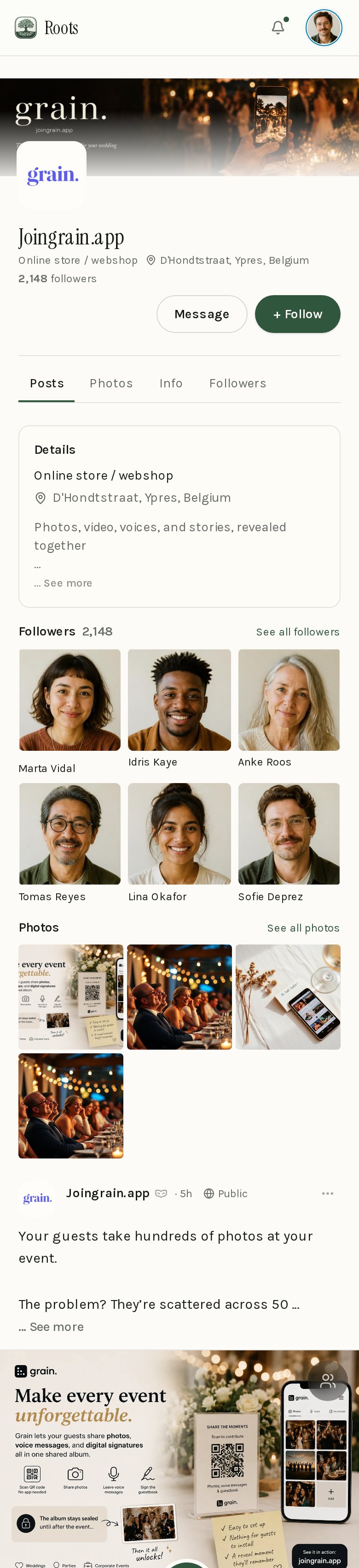 The Joingrain.app Page on Roots, shown on a phone